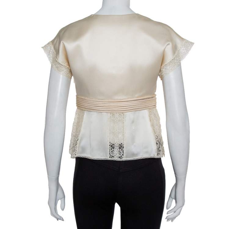 Pre Owned Valentino Vintage Cream Silk Satin & Lace Scoop Neck Top M