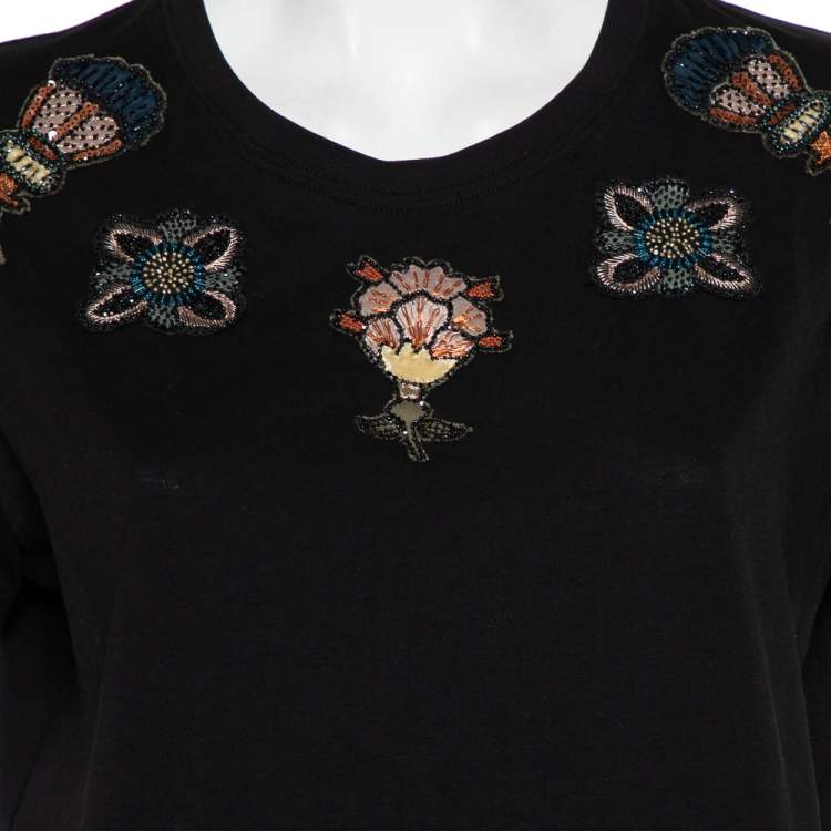 Pre Owned Valentino Black Cotton Beaded Flower Applique Detail Crewneck T-Shirt XL