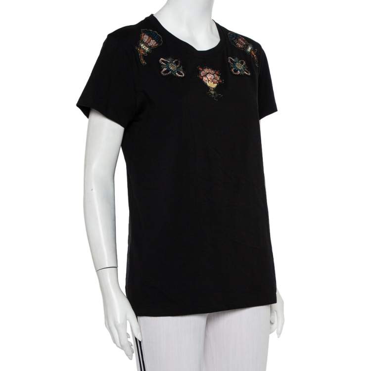 Pre Owned Valentino Black Cotton Beaded Flower Applique Detail Crewneck T-Shirt XL