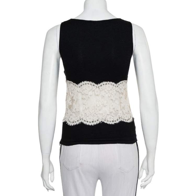 Pre Owned Valentino Black Wool & Cashmere Lace Trim Tank Top L
