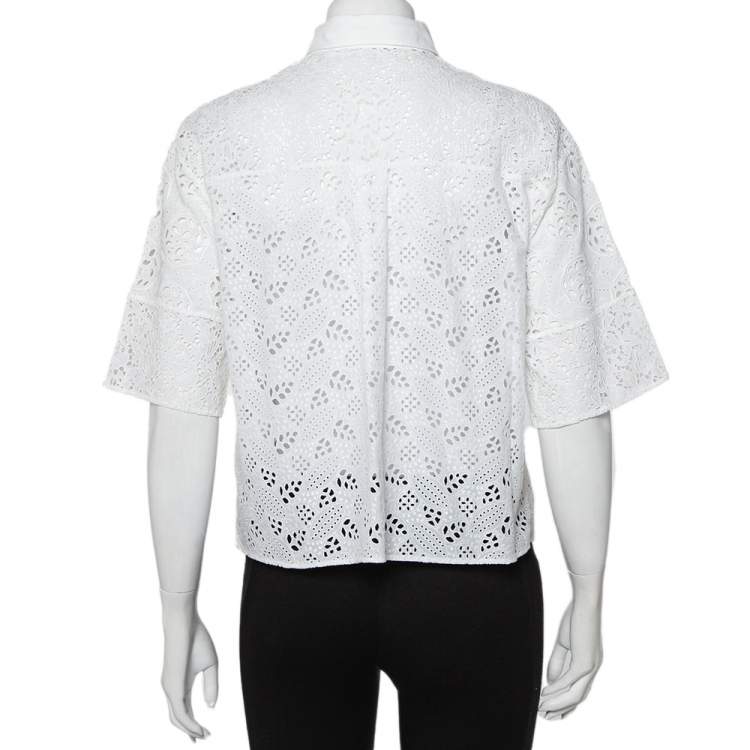 Pre Owned Valentino White Eyelet Lace Collared Button Front Shirt M