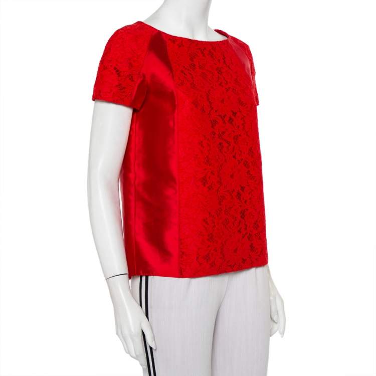 Pre Owned Valentino Red Silk & Lace Paneled Oversized Top S