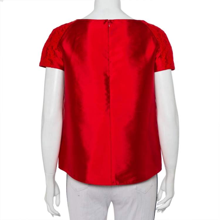 Pre Owned Valentino Red Silk & Lace Paneled Oversized Top S