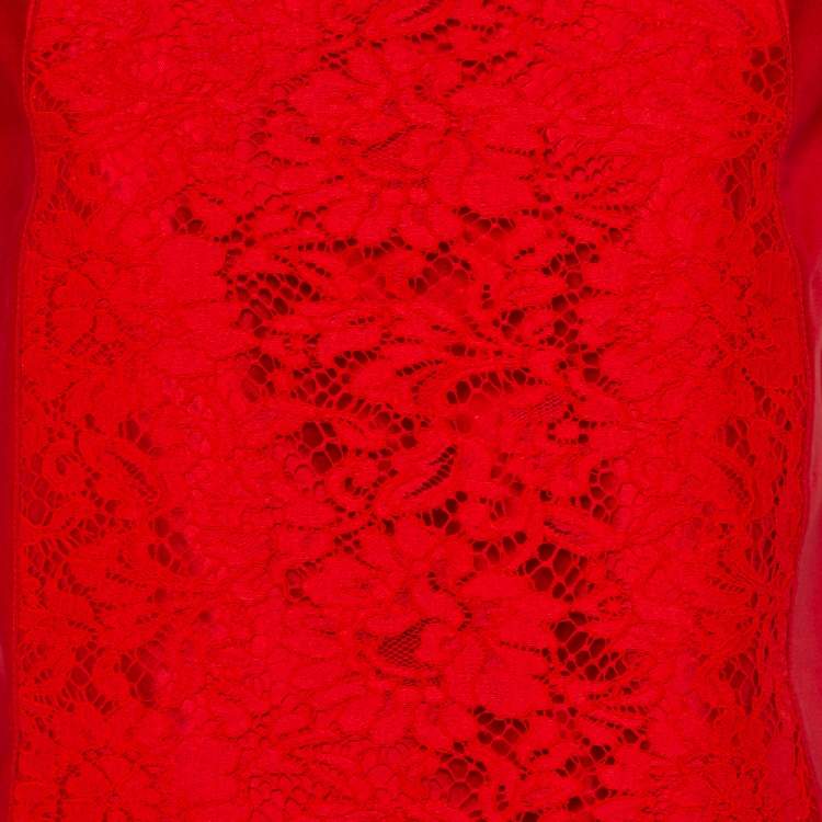 Pre Owned Valentino Red Silk & Lace Paneled Oversized Top S