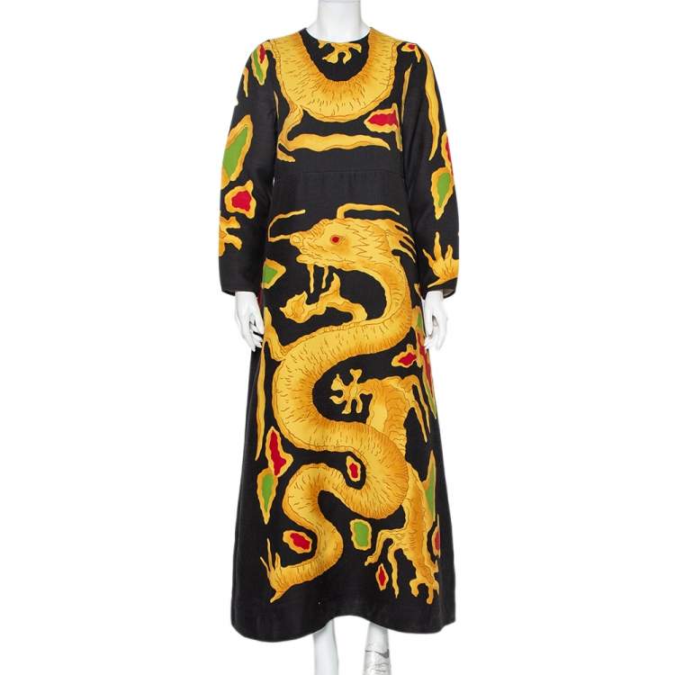Pre Owned Valentino 1968 Vintage Multicolor Dragon Printed Wool & Silk Maxi Dress L