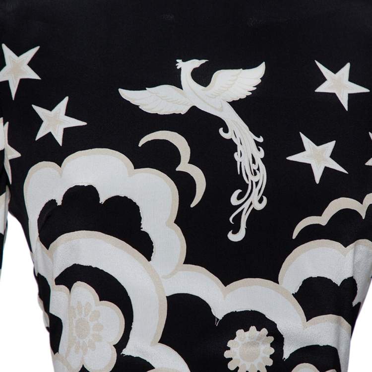 Pre Owned Valentino Black Phoenix Printed Silk Midi Dress M