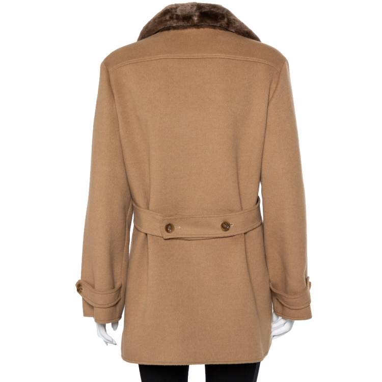 Pre Owned Valentino Camel Brown Wool & Cashgora Fur Trim Belted Short Coat XL