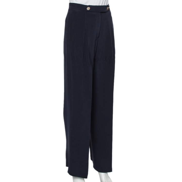 Pre Owned Valentino Navy Blue Silk Pleated Detail Palazzo Pants S