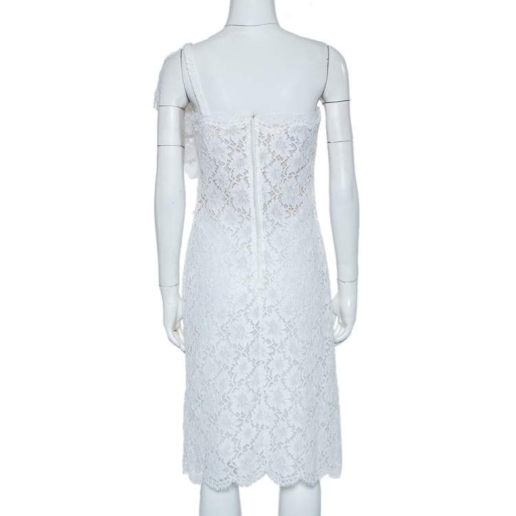 Pre Owned Valentino White Lace Ruffle Detail One Shoulder Midi Dress M