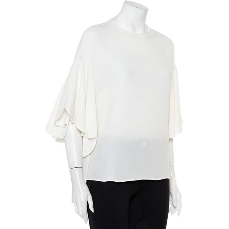 Pre Owned Valentino White Silk Scalloped Sleeve Detail Top M