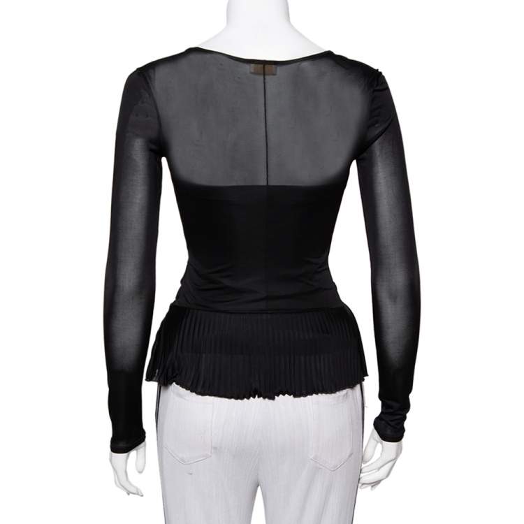 Pre Owned Valentino Black Jersey Plisse Detail Plunge Neck Top M