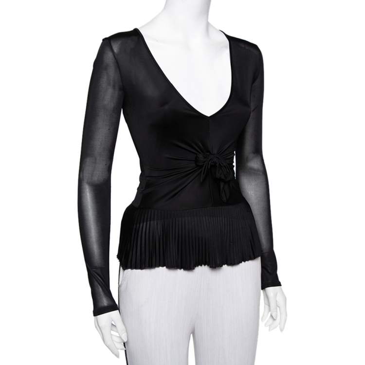 Pre Owned Valentino Black Jersey Plisse Detail Plunge Neck Top M