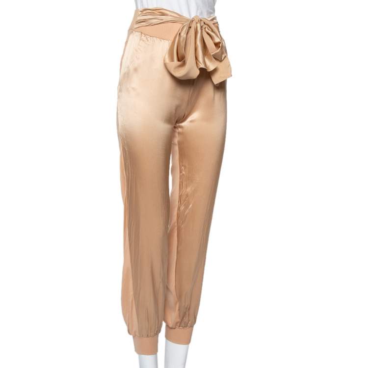Pre Owned Valentino Beige Satin & Knit Paneled Waist Tie Detail Joggers S