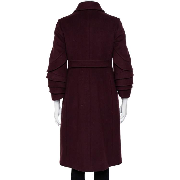 Pre Owned Valentino Hiver 2008 Burgundy Wool Ruffle Sleeve Button Front Coat M