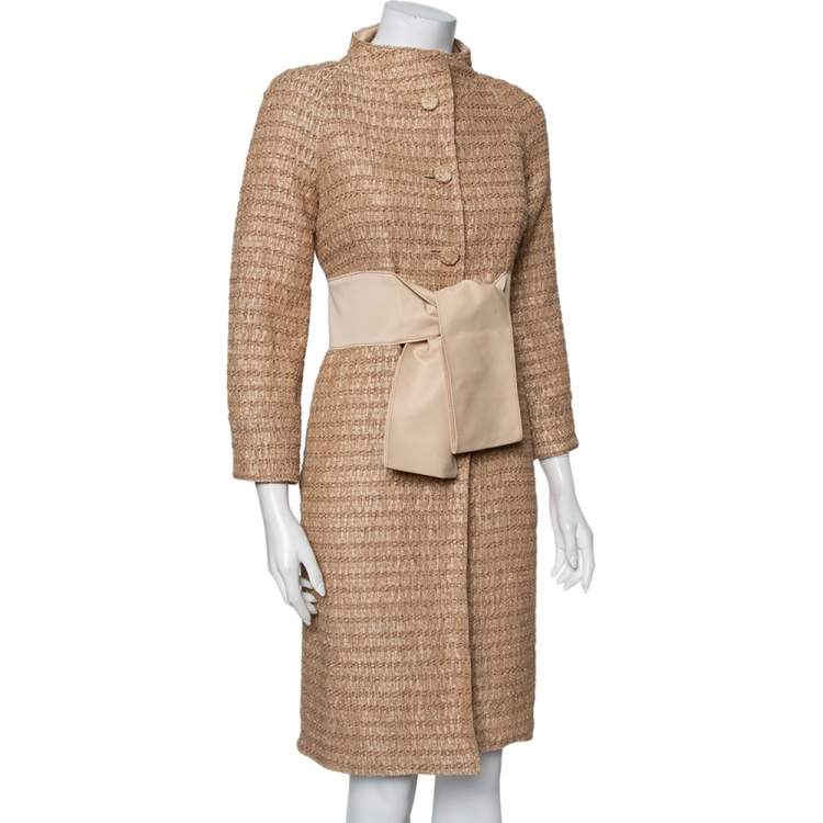 Pre Owned Valentino Cream Lurex Tweed Mid Length Coat S