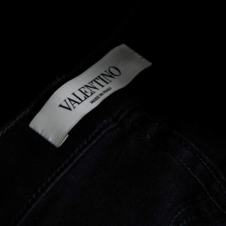 Pre Owned Valentino Black Denim Embellished love Detail Slim Fit Jeans L