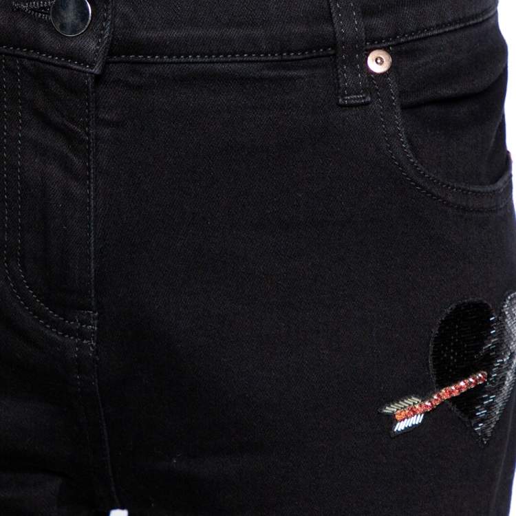 Pre Owned Valentino Black Denim Embellished love Detail Slim Fit Jeans L