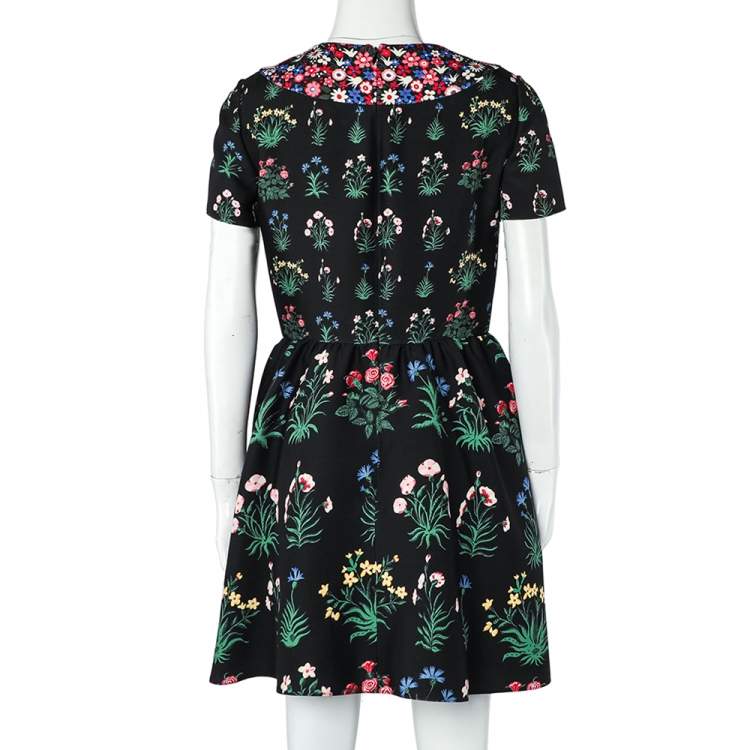 Pre Owned Valentino Black Floral Print Wool & Silk Mini Dress M