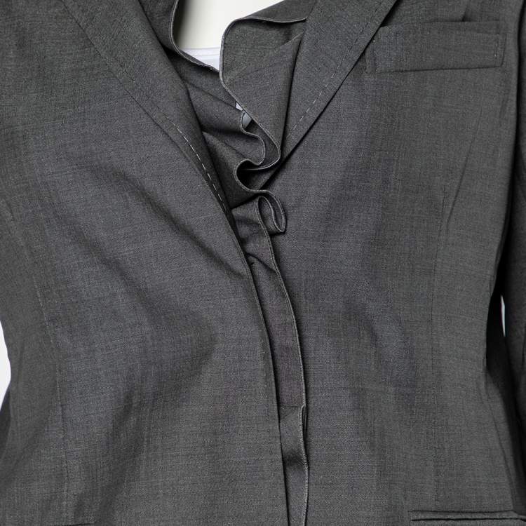 Pre Owned Valentino Grey Silk Ruffled Neck Button Front Blazer L
