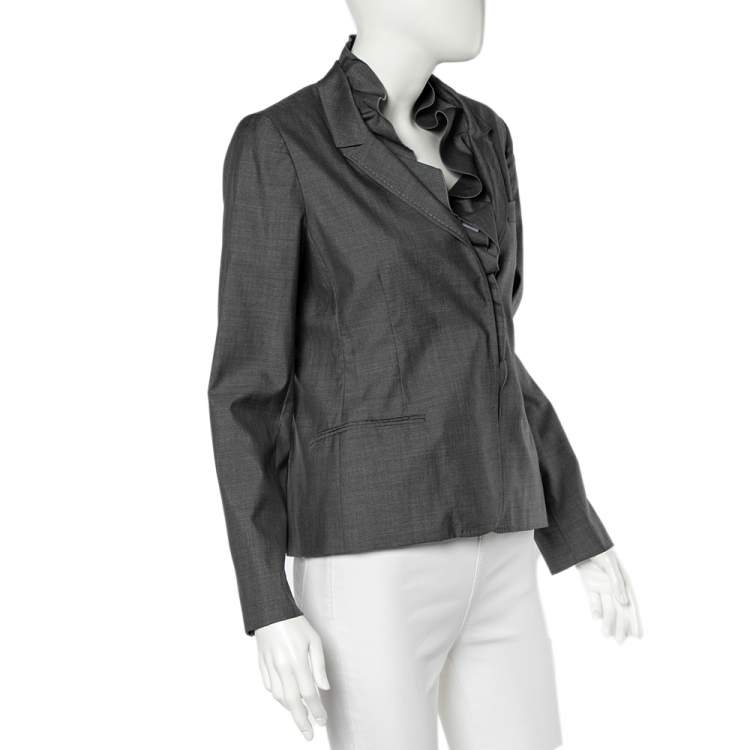 Pre Owned Valentino Grey Silk Ruffled Neck Button Front Blazer L