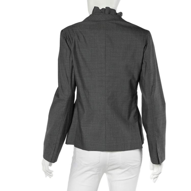 Pre Owned Valentino Grey Silk Ruffled Neck Button Front Blazer L