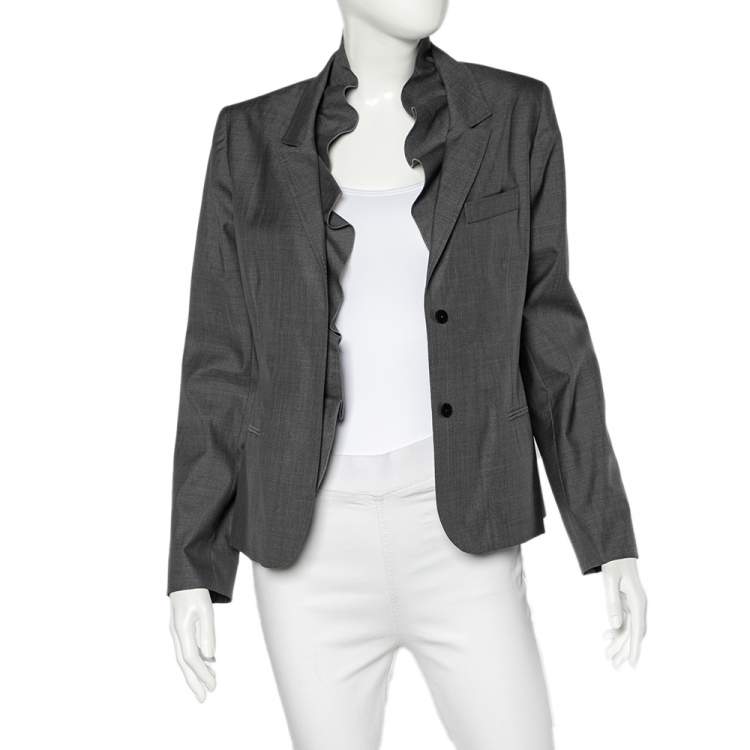 Pre Owned Valentino Grey Silk Ruffled Neck Button Front Blazer L