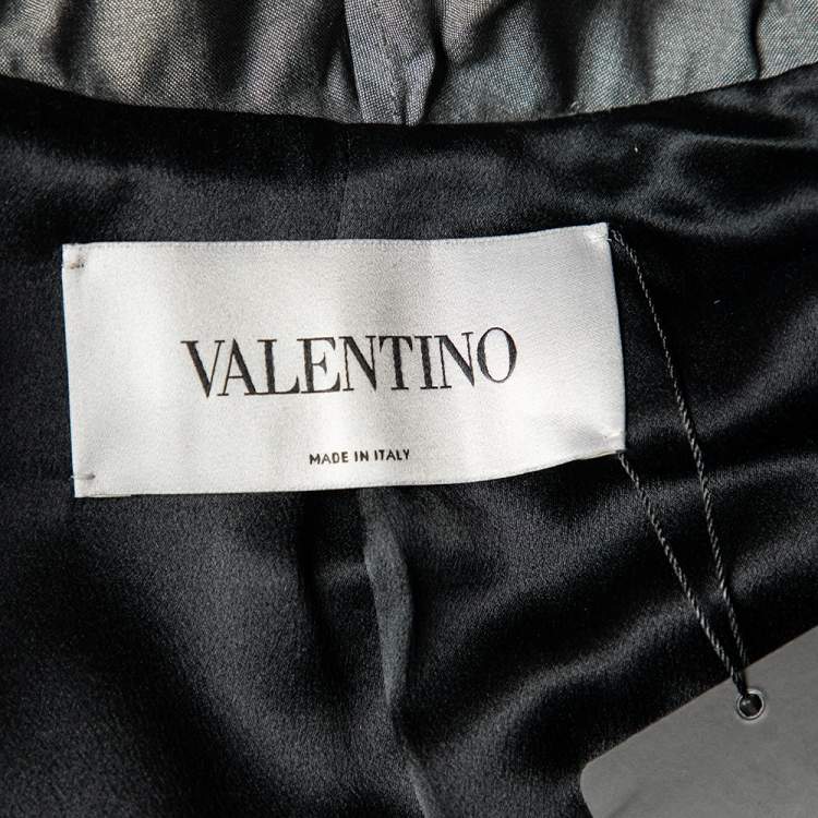 Pre Owned Valentino Grey Silk Ruffled Neck Button Front Blazer L