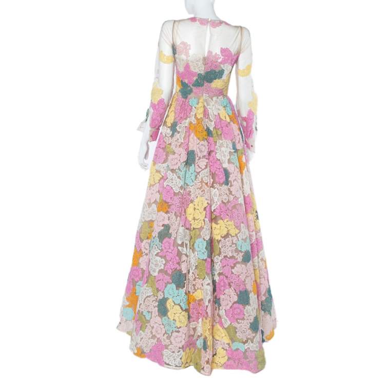 Pre Owned Valentino Multicolor Floral Lace & Tulle Long Sleeve Gown S