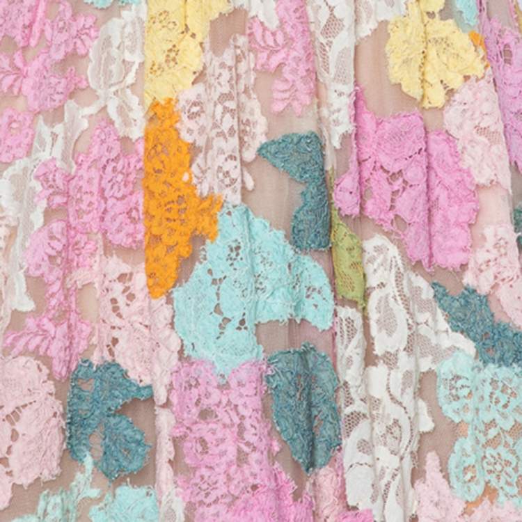Pre Owned Valentino Multicolor Floral Lace & Tulle Long Sleeve Gown S