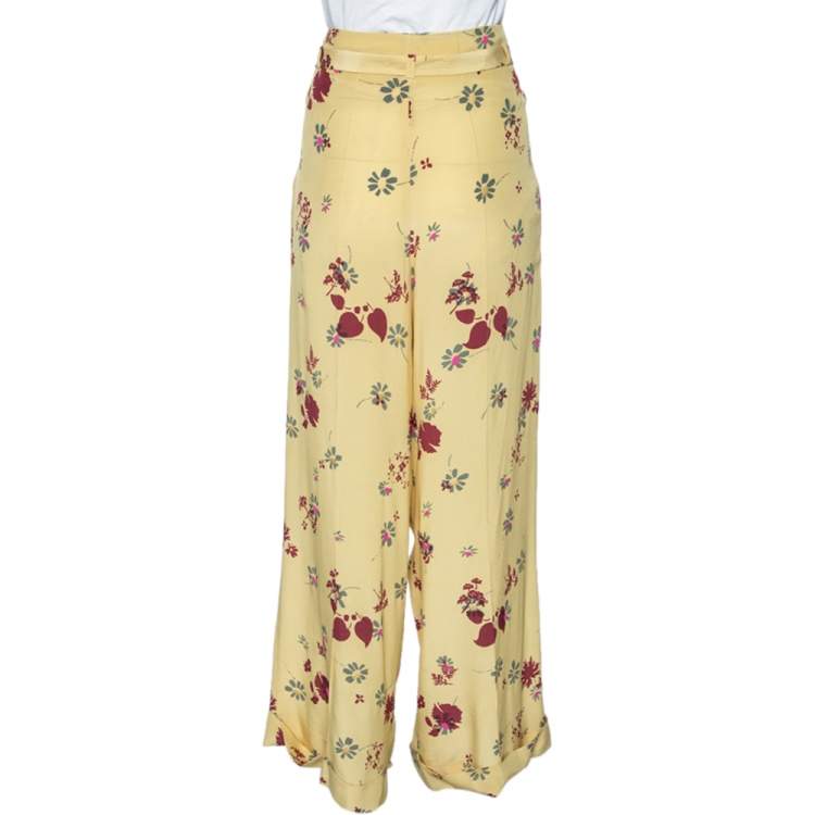 Pre Owned Valentino Yellow Crepe de Chine Floral Print Palazzo Pants L