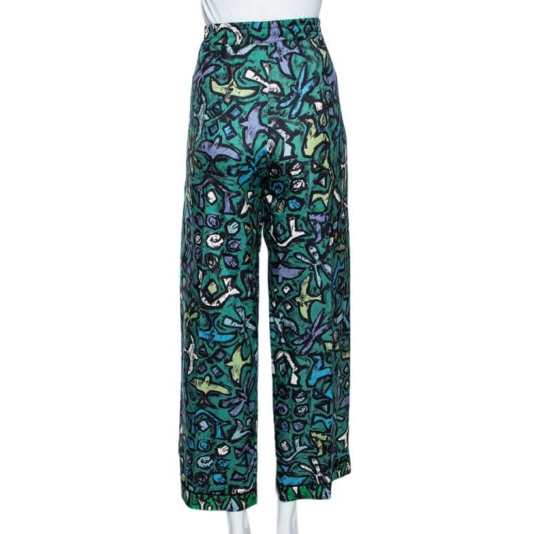 Pre Owned Valentino Green Silk Graffiti Print Straight Fit Trousers L