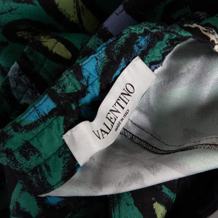 Pre Owned Valentino Green Silk Graffiti Print Straight Fit Trousers L