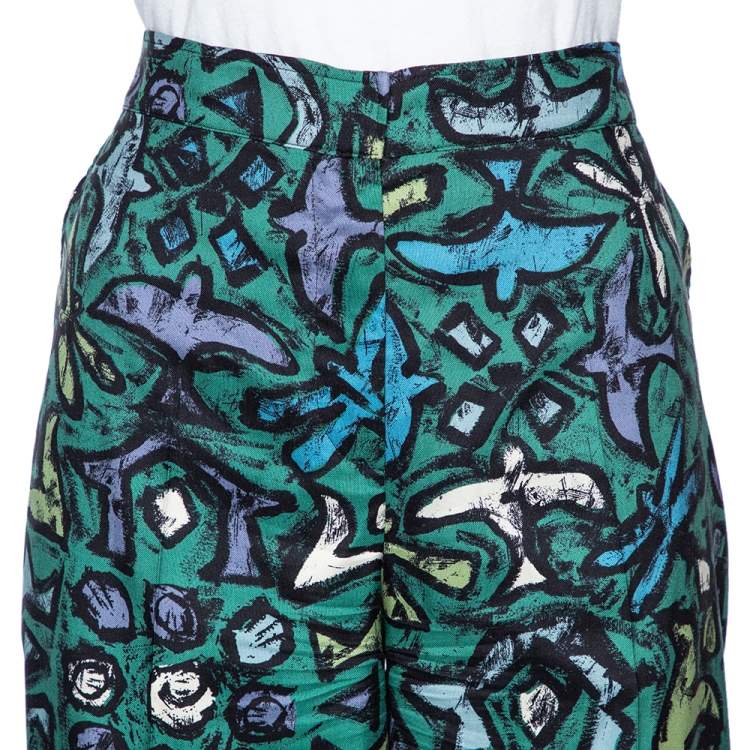 Pre Owned Valentino Green Silk Graffiti Print Straight Fit Trousers L