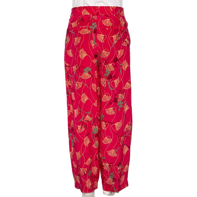 Pre Owned Valentino Pink Floral Print Silk Palazzo Pants L