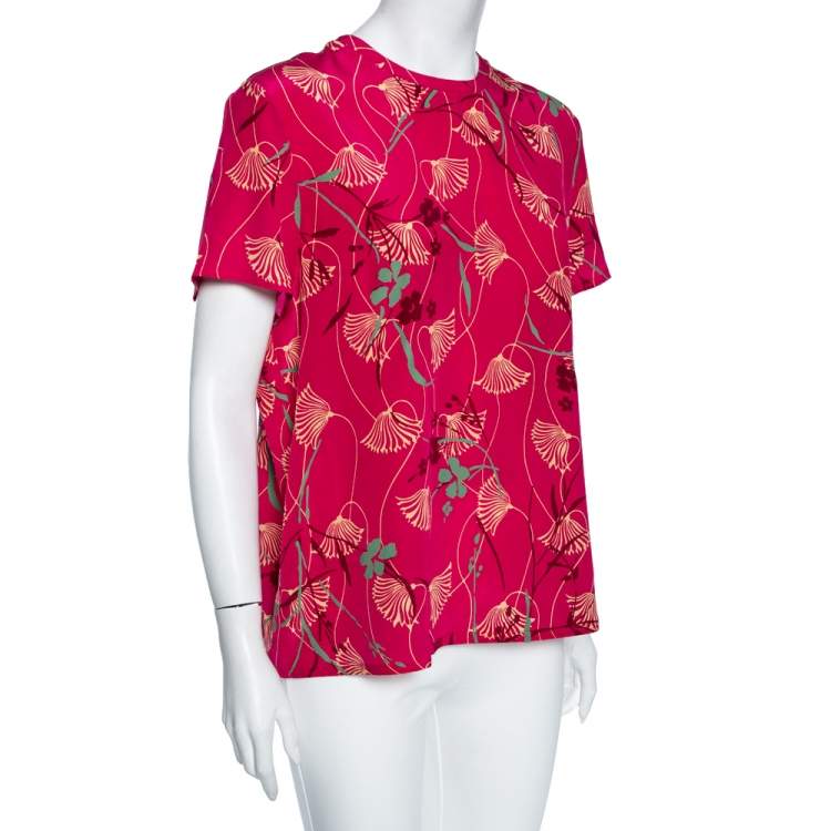 Pre Owned Valentino Pink Floral Print Silk Blouse L
