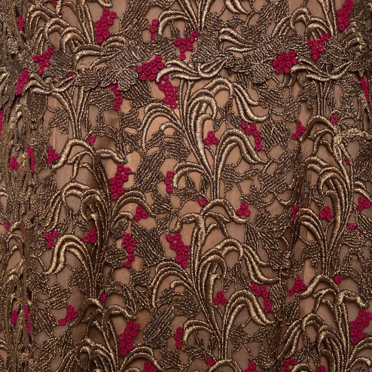 Pre Owned Valentino Bronze Lace Overlay Sheath Dress L 