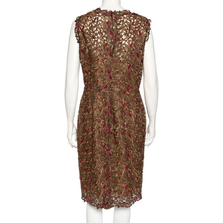 Pre Owned Valentino Bronze Lace Overlay Sheath Dress L 