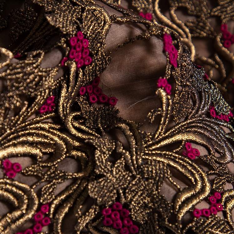 Pre Owned Valentino Bronze Lace Overlay Sheath Dress L 