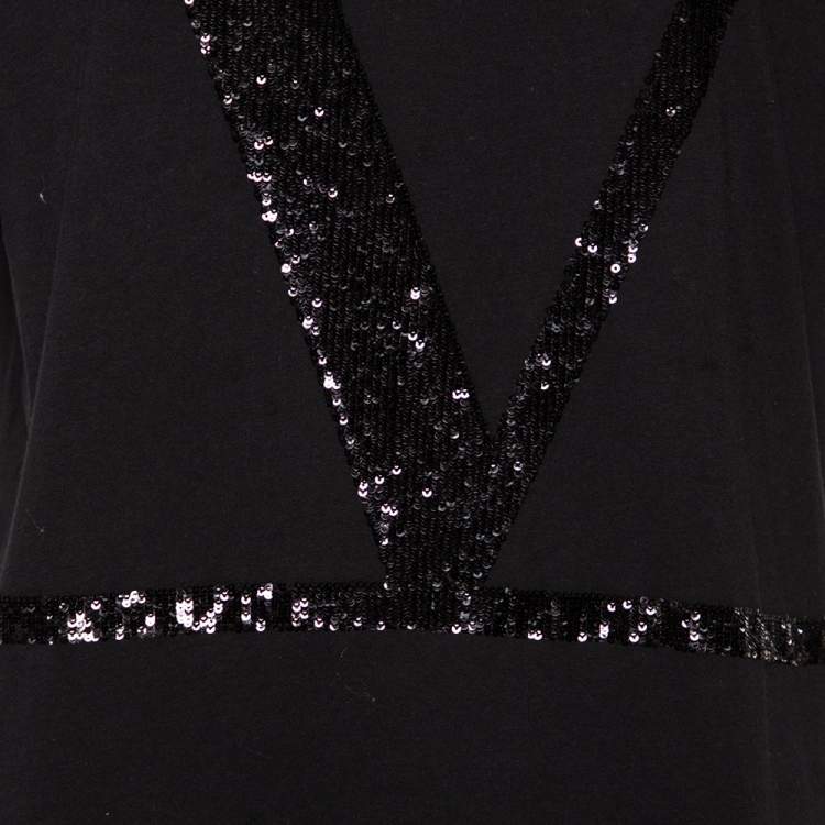 Pre Owned Valentino Black Cotton VLogo Sequence Embellished T-Shirt M 