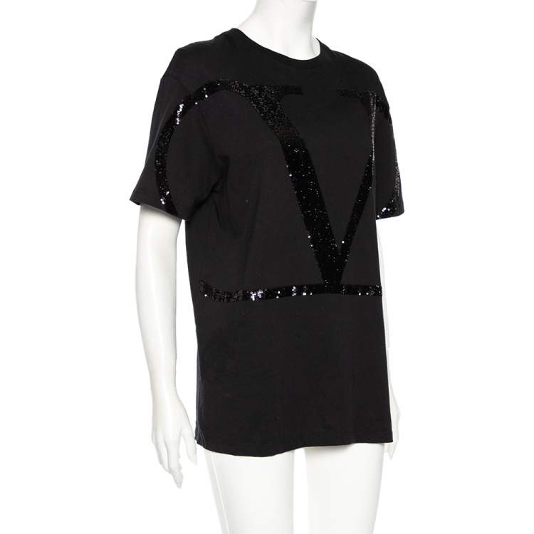 Pre Owned Valentino Black Cotton VLogo Sequence Embellished T-Shirt M 