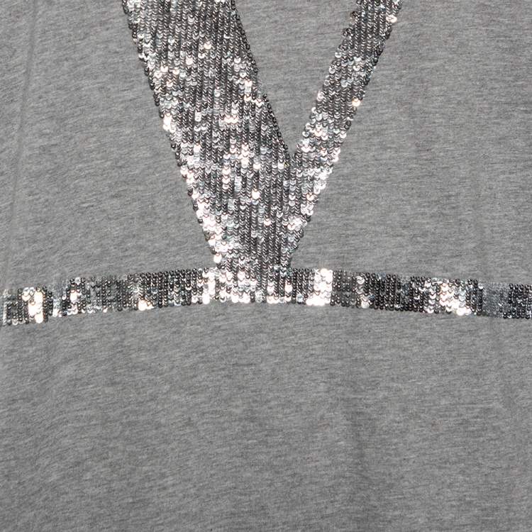 Pre Owned Valentino Grey Cotton VLogo Sequins Embellished T-Shirt M 