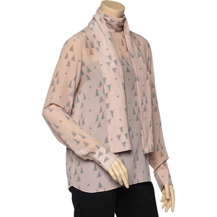 Pre Owned Valentino Light Pink Triangle Printed Silk Neck Tie Detail Top M