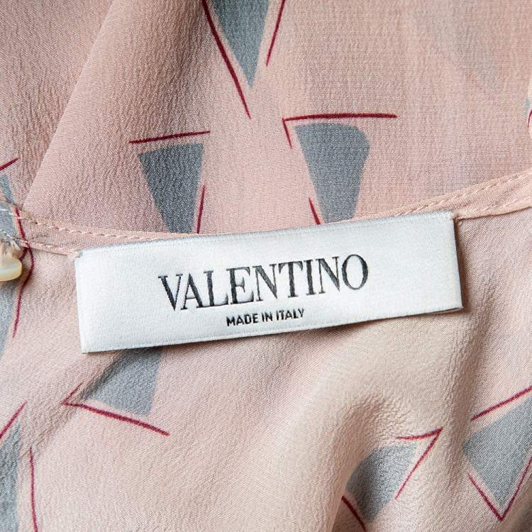 Pre Owned Valentino Light Pink Triangle Printed Silk Neck Tie Detail Top M
