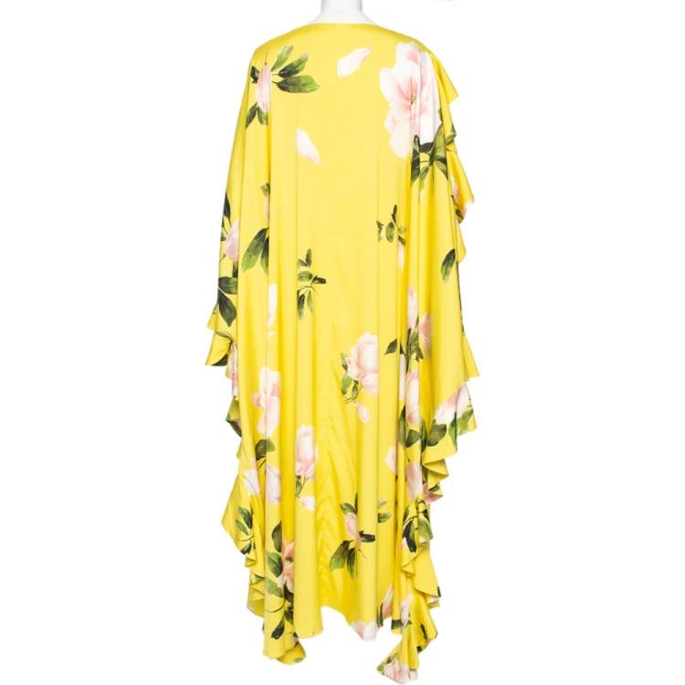 Pre Owned Valentino Yellow Silk Peony Print Asymmetrical Ruffled Gown L