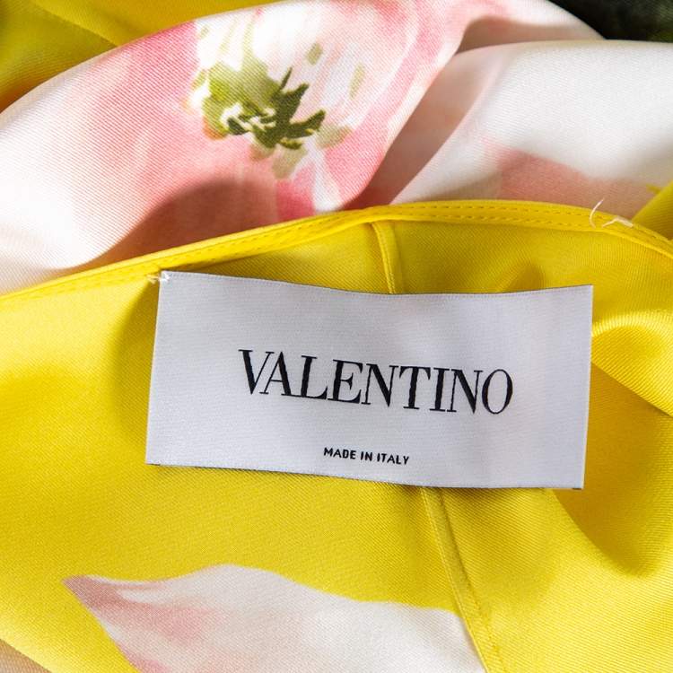 Pre Owned Valentino Yellow Silk Peony Print Asymmetrical Ruffled Gown L