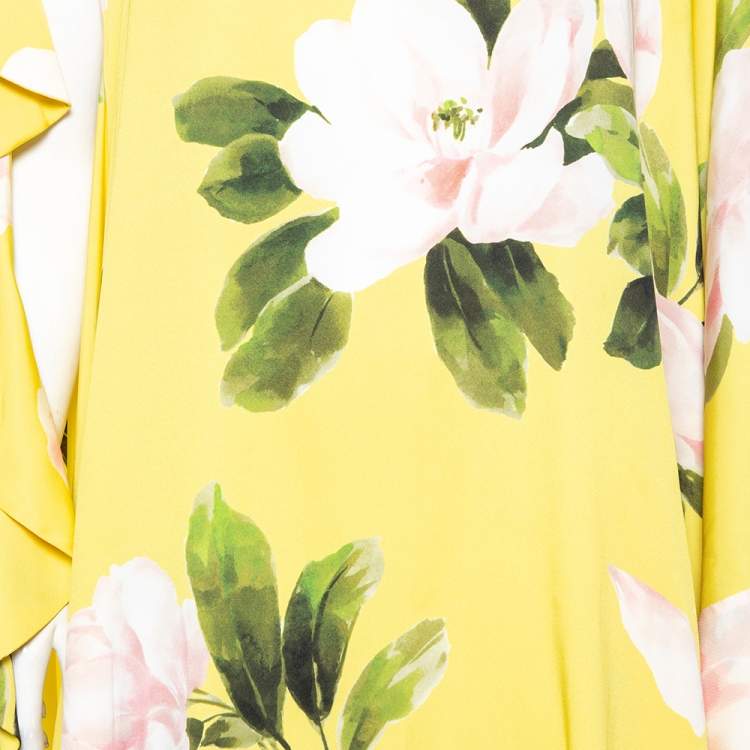 Pre Owned Valentino Yellow Silk Peony Print Asymmetrical Ruffled Gown L