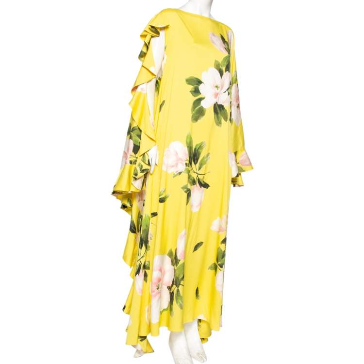 Pre Owned Valentino Yellow Silk Peony Print Asymmetrical Ruffled Gown L