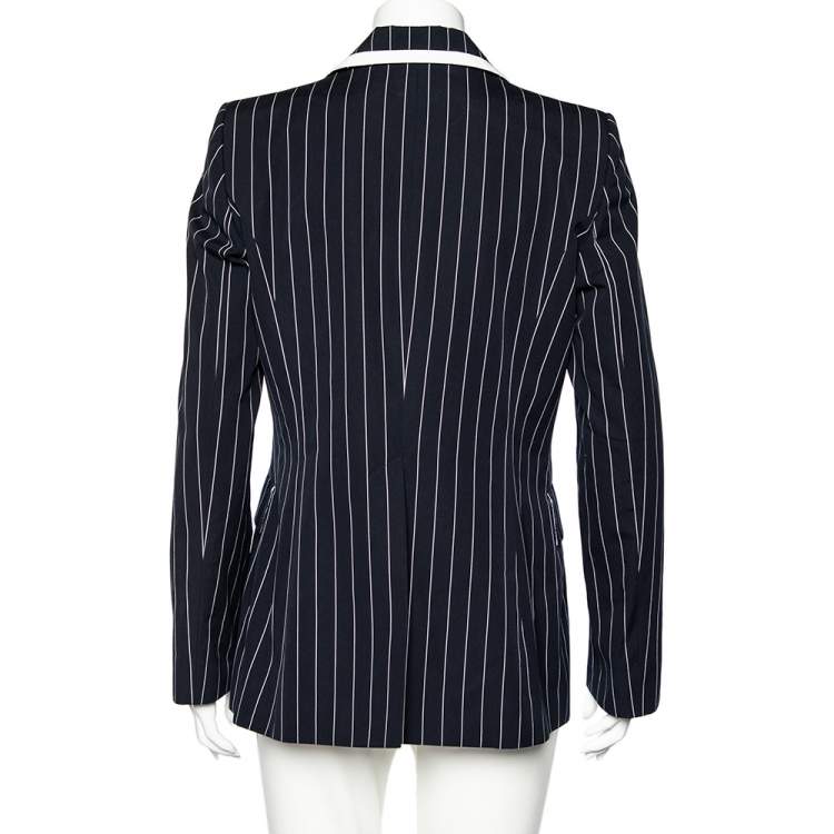 Pre Owned Valentino Midnight Blue Striped Cotton Button Front Blazer L