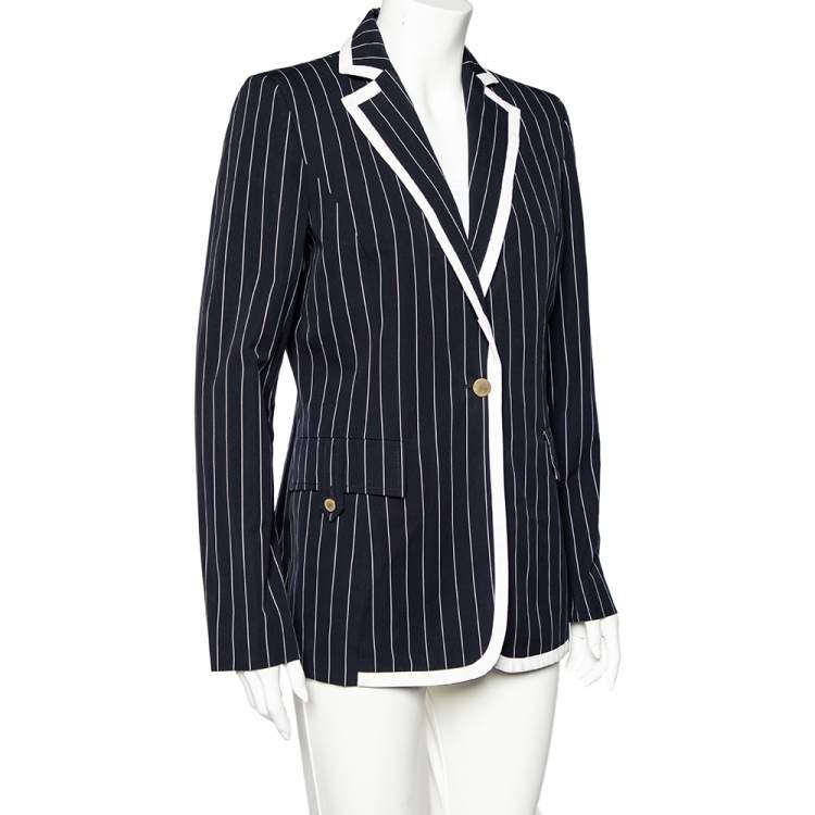Pre Owned Valentino Midnight Blue Striped Cotton Button Front Blazer L