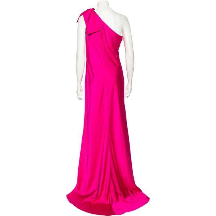 Pre Owned Valentino Fuchsia Satin One Shoulder Maxi Dress M